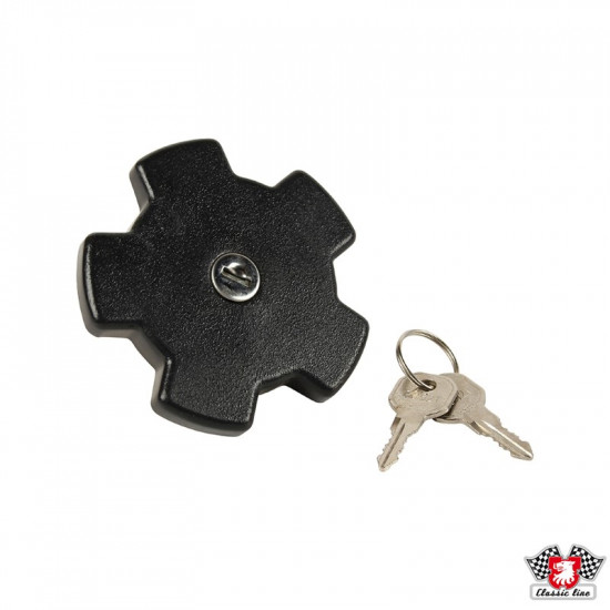 Fuel tank cap, lockable, metal, with key, black