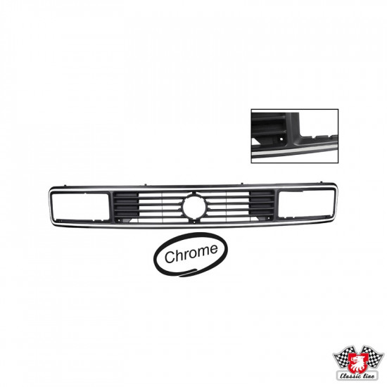 Radiator grille for square headlamps, black with adhesive chrome edge Radiator grille for square headlamps, black with adhesive chrome edge