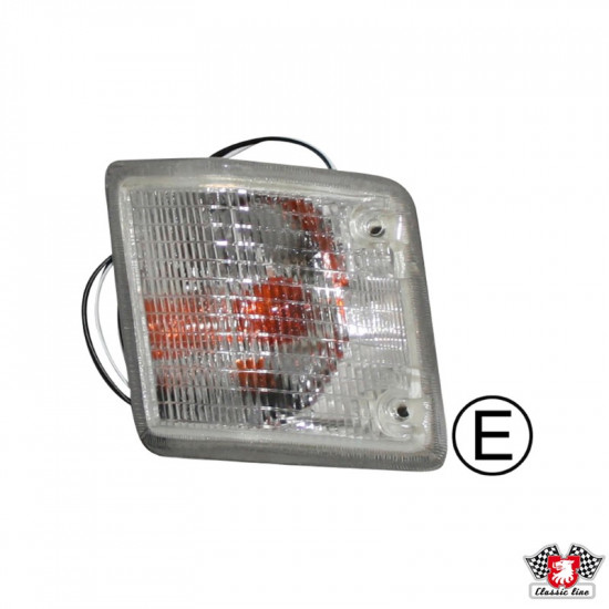 Turn signal light, front, white, left. E-marked