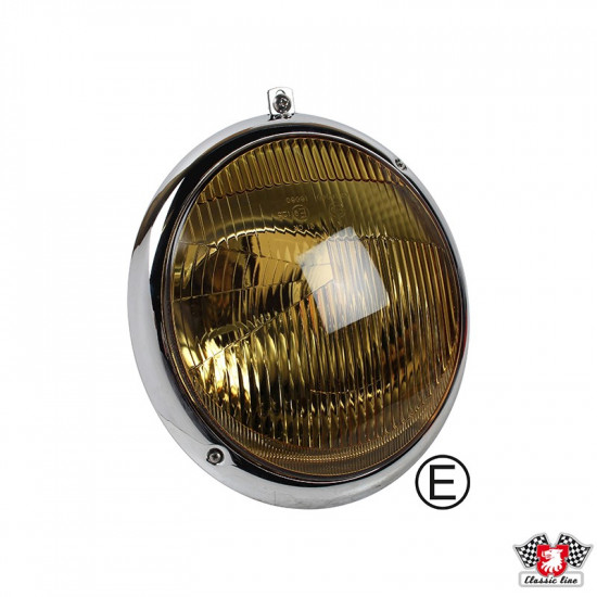 Headlamp assembly, yellow glass, assymetric, E-marked