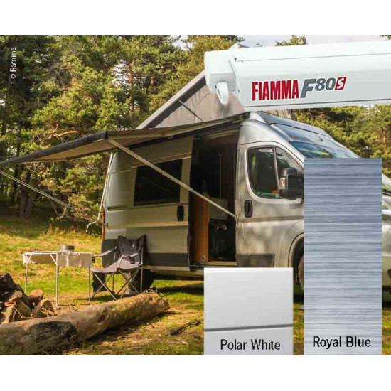 Fiamma F80S roof awning 2.9m, for vans and motorhomes, Colour of cloth: Royal Blue, Case: white