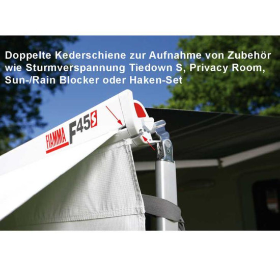 W2600 x Abstract 2000mm FIAMMA F45s wall awning for motorhomes and vans, Housing colour Deep Black, Cloth Colour Royalegrey