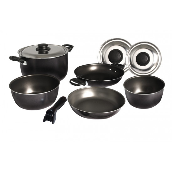 Camping cookware set - 9-piece - silver/black