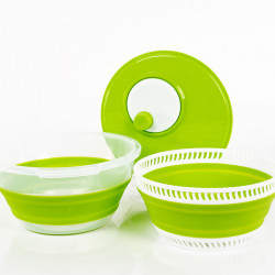 Foldable salad spinner with lid including sieve and bowl - White/Green
