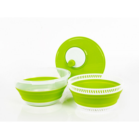 Foldable salad spinner with lid including sieve and bowl - White/Green