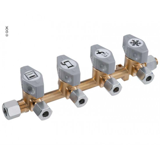 4-way quick-closing shut-off valve for 10 mm inlet and 8 mm outlets