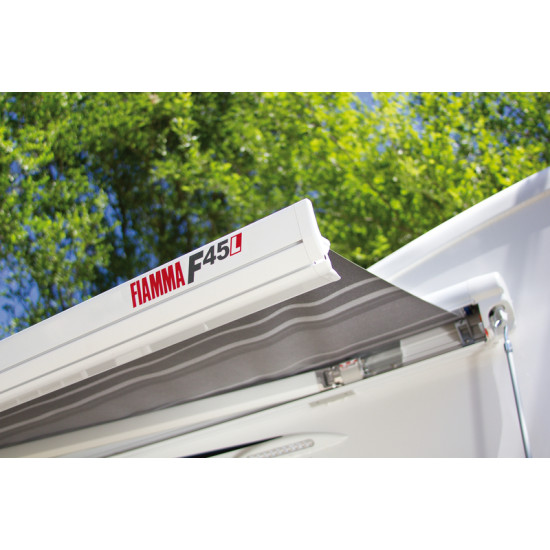 W4500 x Abstract 2500mm Cloth W4350mm Fiamma F45L Wall-mounted awning for large motorhomes, Housing colour Deep Black, Cloth colour Royal Grey
