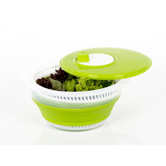 Foldable salad spinner with lid including sieve and bowl - White/Green