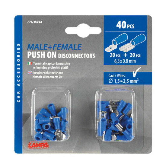 Flat blade receptacle and plug for 6.3 mm x 0.8 mm connector housings - set of 40