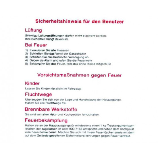 Sticker "Safety instructions for the user"