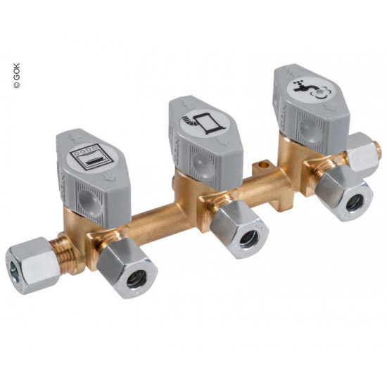 Triple quick-closing shut-off valve for 10 mm inlet and 8 mm outlets