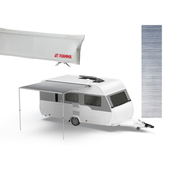W3660 x Extension 2500mm Fiamma CaravanStore Evo caravan awning for the awning rail, Colour: Royal Blue, Light Grey cover