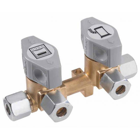 Double quick-closing shut-off valve for 10 mm inlet and 8 mm outlets