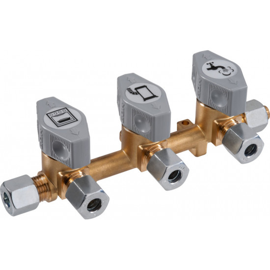 Triple quick-closing shut-off valve for 8 mm gas pipe