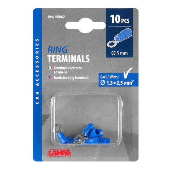 Blue ring terminal, 5 mm, for wire cross-sections of 1.5 to 2.5 mm - set of 10