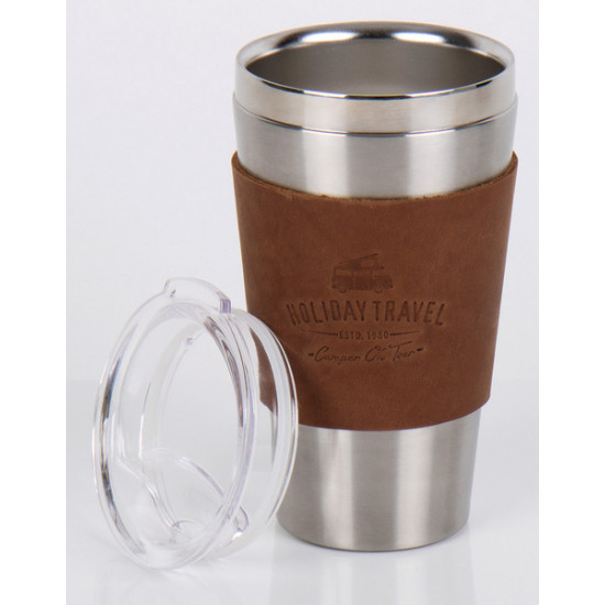 HOLIDAY TRAVEL Vacuum Cup with Lid, Stainless Steel, 450ml, with Leather Sleeve