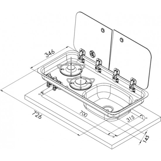 Cooker-sink combination – with 2-piece glass cover