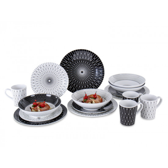 Premium Melamine Dinnerware Set Black and White - For 4 People