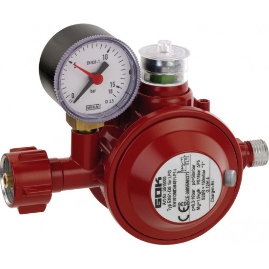 Pressure regulator with thermal shut-off and pressure relief valve - 50 mbar