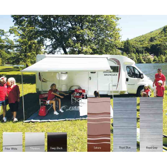 W2600 x Abstract 2000mm FIAMMA F45s wall awning for motorhomes and vans, Housing colour Deep Black, Cloth Colour Royalegrey