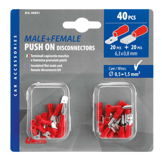 Flat blade receptacle and plug for 6.3 mm x 0.8 mm connector housings - set of 40