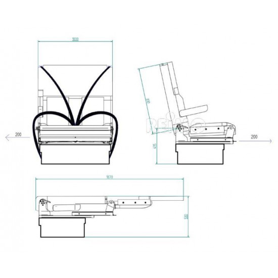 Seat/bed bench, one side armrest, 3-point seat belts, bed: 1700x1000mm