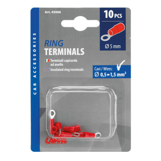 Red ring terminal, 5 mm, for wire cross-sections of 0.5 to 1.5 mm - set of 10