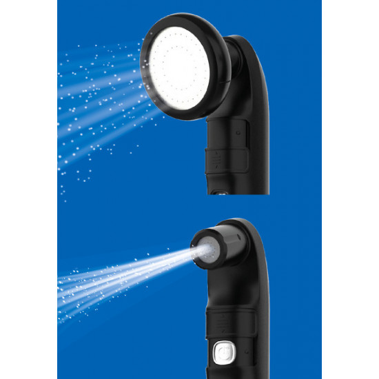 Camping shower with battery-powered hand shower