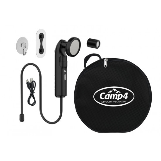 Camping shower with battery-powered hand shower