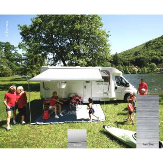 W 3750 x Extension 2500mm Fiamma F45S awning with 2 front piping rails, Cloth colour: royal grey, titanium housing