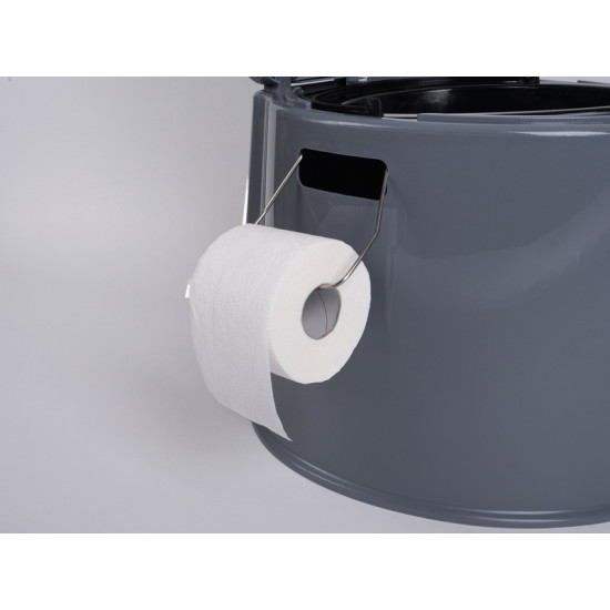 Mobile bucket toilet including toilet paper holder