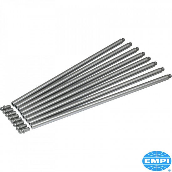 Push rod set with heat treated carbon steel ball tips, overall length 11.5"x3/8"x0.058" wall thickness, set of 8