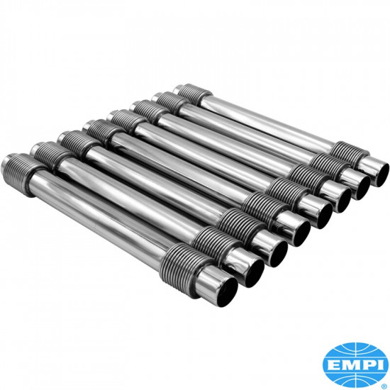 Push rod tube set without seals, Windage style, stainless steel. Extend further into the case to prevent oil from over filling the valve covers during cornering, set of 8