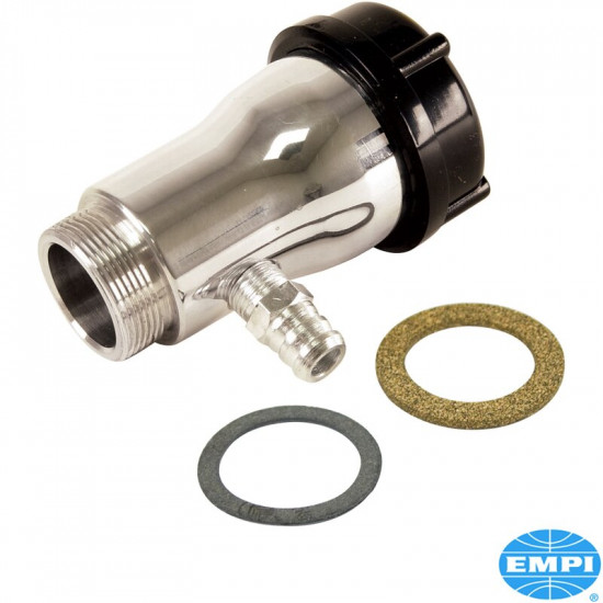 Oil filler tube, with black plastic cap and vent, polished aluminium