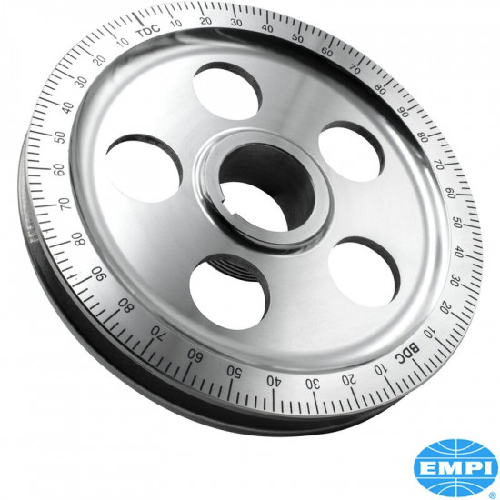 Standard size degree crankshaft pulley with timing marks, blue numbers, aluminium, polished