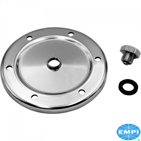 Oil strainer cover with drain plug, chrome