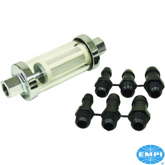 Fuel filter, glass/chrome housing. Including three pair of nylon fittings, 6.5, 8 and 9.5 mm