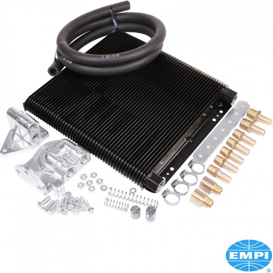 Competition oil cooler kit, 72 plates. Includes oil cooler, bypass Adapter, remote filter bracket, high-temperature hose and all fittings required for installation