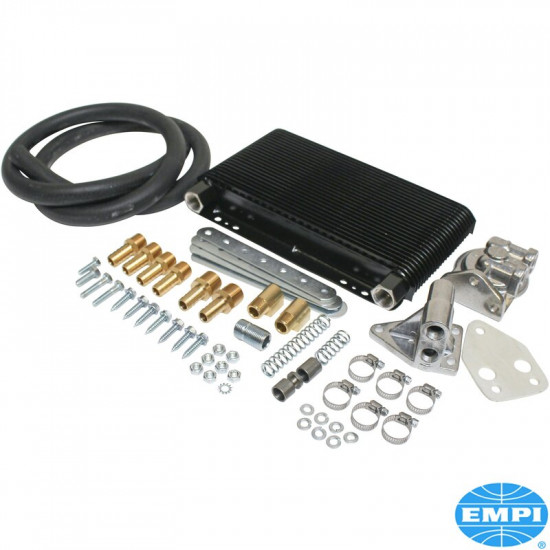 Competition oil cooler kit, 48 plates. Includes oil cooler, bypass Adapter, remote filter bracket, high-temperature hose and all fittings required