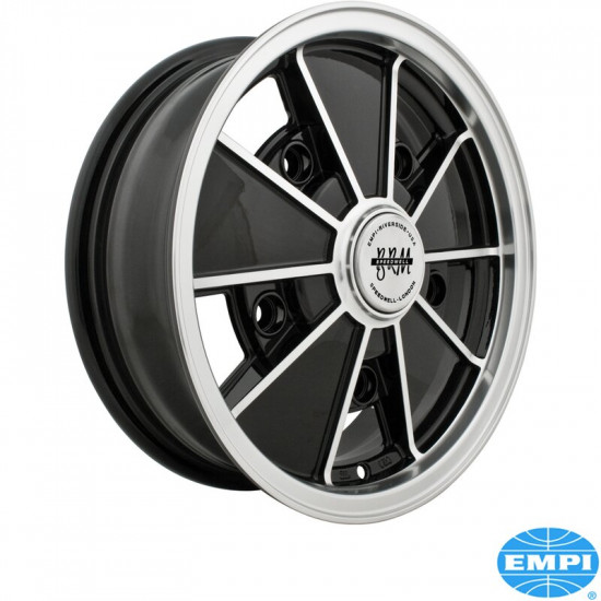 BRM Style wheel, gloss black with polished lip and spoke edges, 5x15", 5x205, 3 7/16" back spacing