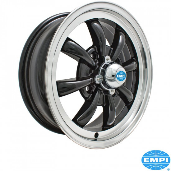 GT-8 wheel, gloss black with polished lip, 5.5x15", 4x130, 4 3/8" back spacing, with EMPI hub cap