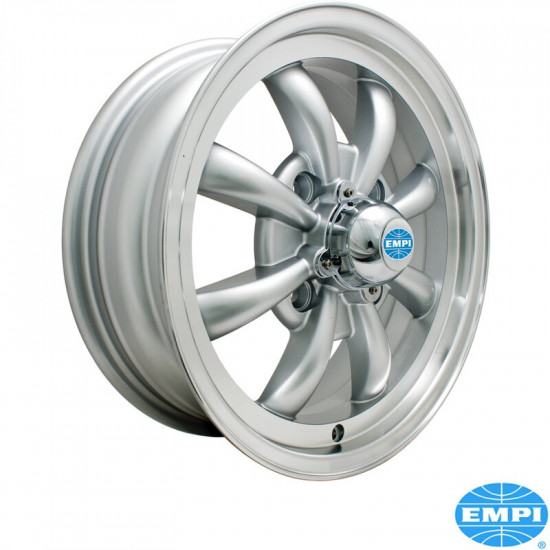 GT-8 wheel, silver with polished lip, 5.5x15", 4x130, 4 3/8" back spacing