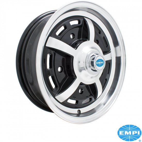 Sprintstar wheel, gloss black with polished lip and 5 spokes, 5x15", 5x205, 4" back spacing, with EMPI wheel gaskets