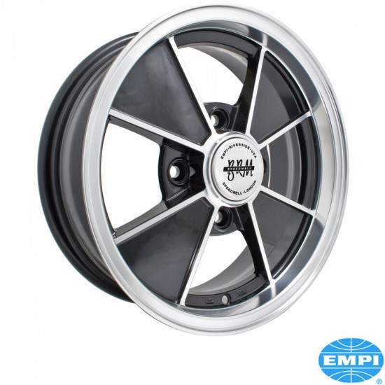 BRM Style wheel, gloss black with polished lip and spoke edges, 4.5x15", 4x130, 3 3/4" back spacing