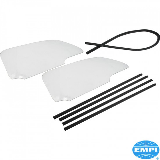 Clear one piece window set. Fully tempered glass, felt window channels and inner/outer scrapers. Note: Also use Empi No. 9756