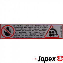 Fan warning sticker. "Radiator fan may start at any time"