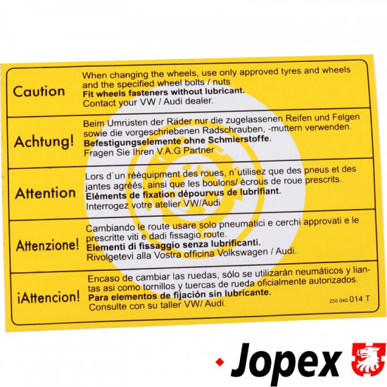 Sticker, "Caution" wheel change
