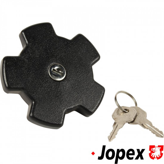 Fuel tank cap, lockable, metal, with key, black