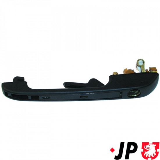 Door handle, front, without cylinder. Nylon version without key and locking mechanism. Supplied with both strips in black and chrome, left