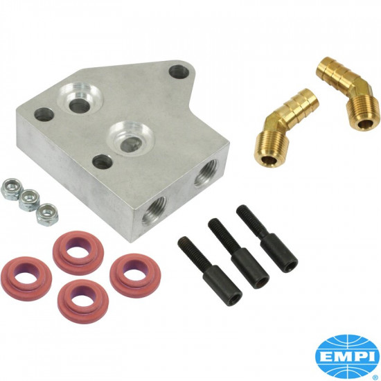 Dual bypass adapter. This adapter allows you to run both your stock oil cooler plus an external cooler and/or remote filter. Minimal trimming to sheet metal needed. Not for doghouse cooler